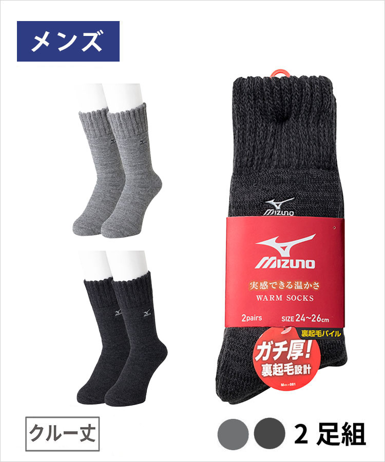 【期間限定10%OFF!】【2足組】MIZUNO デイリー ガチ厚 メンズ クルー丈 オールパイル裏起毛 ロゴ刺繍 ミズノ