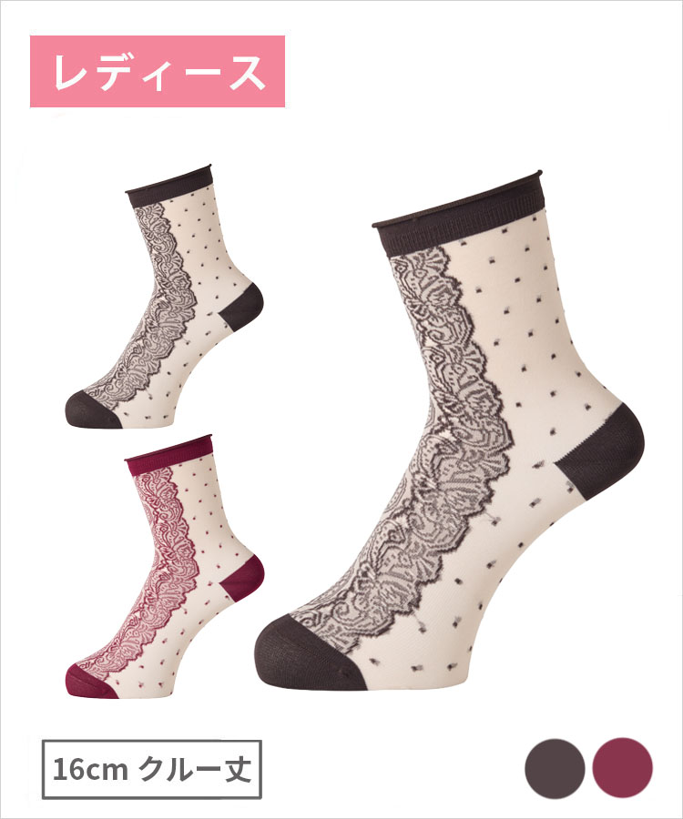 【期間限定10%OFF!】moisok レディース 16cmクルー丈 履き口くるん やや透けレースドット柄