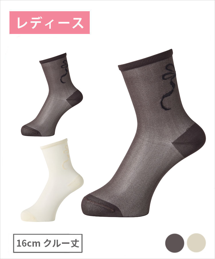 【期間限定10%OFF!】moisok レディース 16cmクルー丈 やや透けバックリボン柄