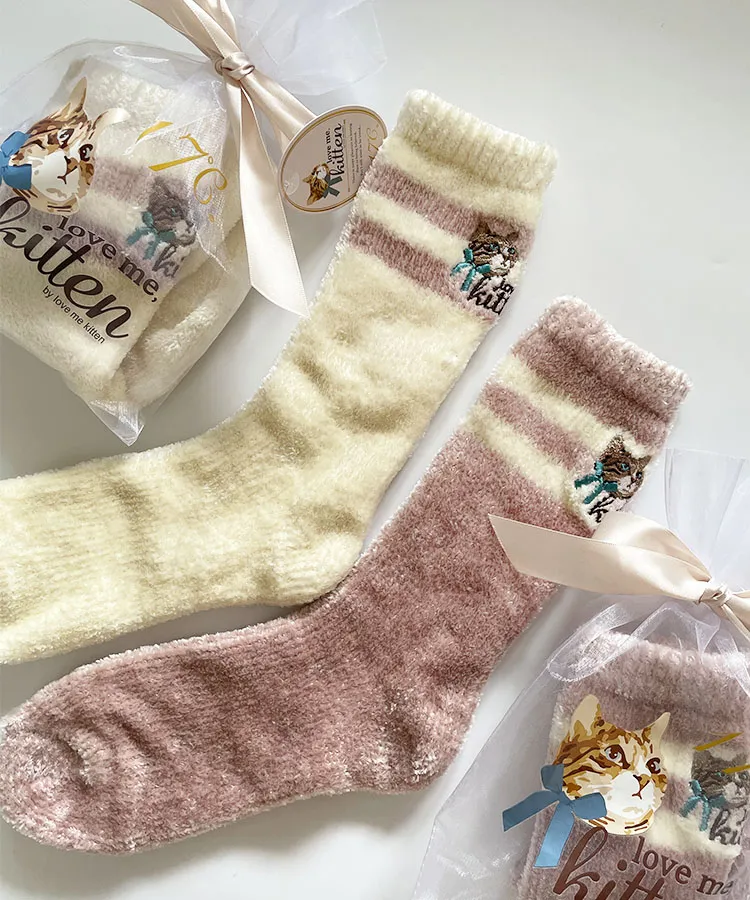 17℃ レディース ソックス LOVE ME KITTEN 刺繍TOPボーダーモール