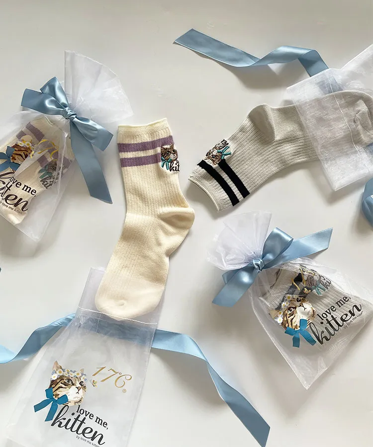 17℃ レディース ソックス LOVE ME KITTEN リブ刺繍 ＜巾着付き＞｜靴下
